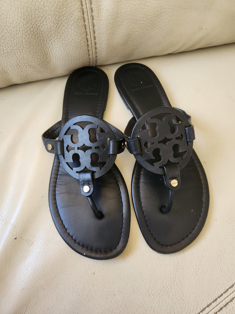 Tory Burch Black Leather Logo Thong Sandals